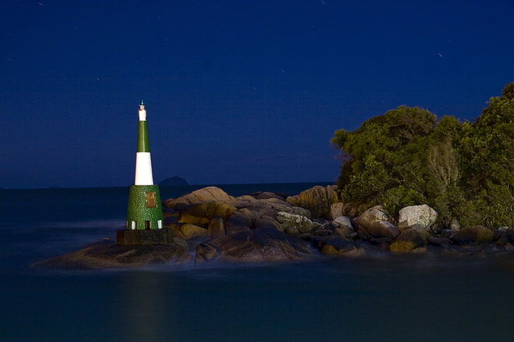 lighthouse, water, sea, night, sky, nature, no people, guidance