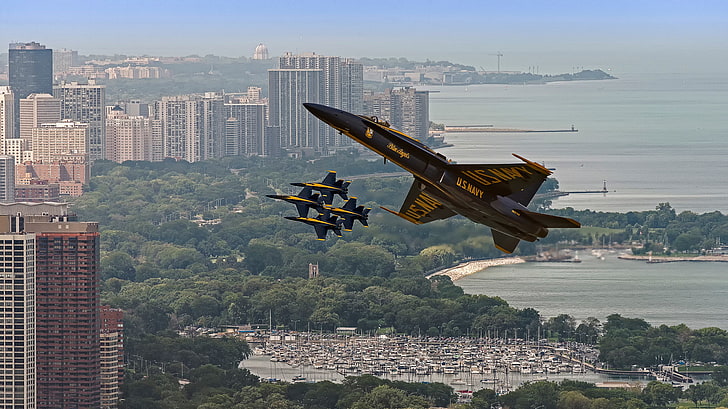 aircraft, vehicle, cityscape, Blue Angels, architecture, building exterior, HD wallpaper