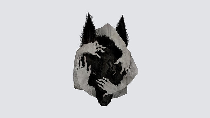 black wolf illustration, hands, abstract, white background, studio shot