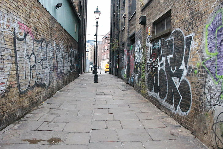 alley, brick walls, graffiti, lamppost, london, street, street art