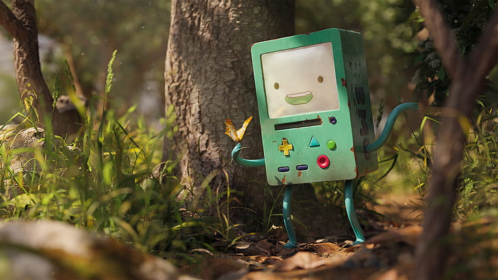 Adventure Time, forest, console, BMO, smiling, fan art, digital art, HD wallpaper