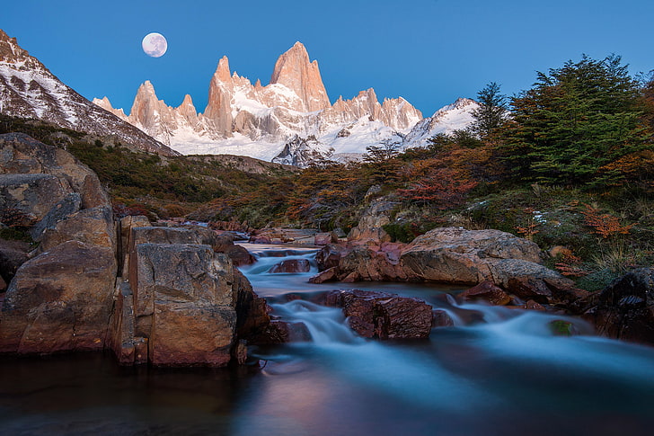 green leafed trees and brown rocks, mountains, night, river, the moon
