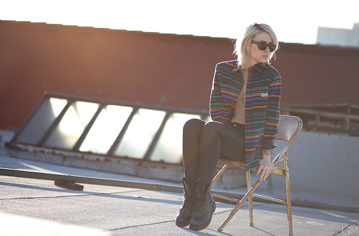 Alysha Nett, blonde, one person, sitting, sunlight, young adult