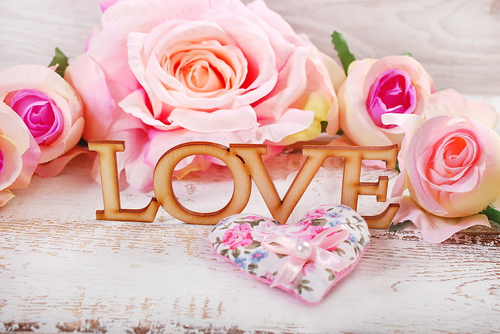 roses, hearts, love, pink, flowers, romantic, petals, pink roses, HD wallpaper