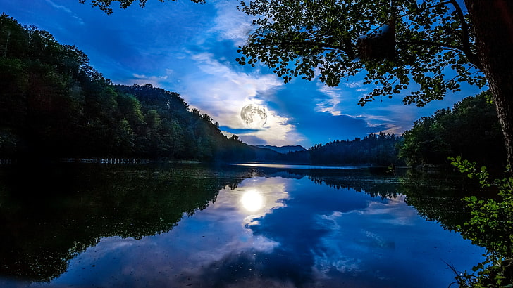 loch, mirrored, reflected, moon, full moon, watercourse, mount scenery, HD wallpaper