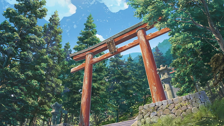 brown wooden arch painting, Makoto Shinkai , Kimi no Na Wa, tree