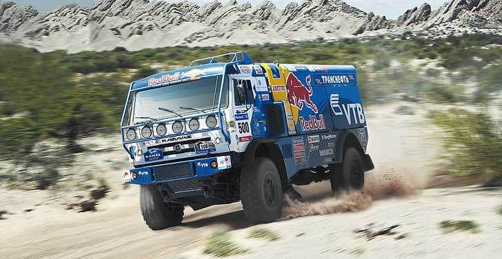 blue Red Bull rally truck, sand, the sky, grass, clouds, trees, HD wallpaper