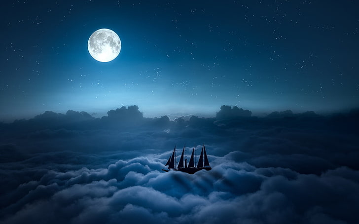 artwork of boat and clouds, digital art, ship, Moon, night, sky