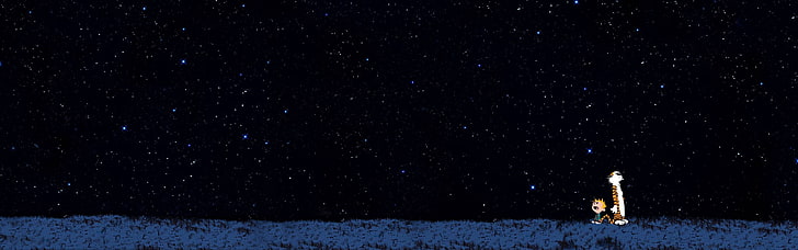 beige spacecraft illustration, Calvin and Hobbes, stars, starry night