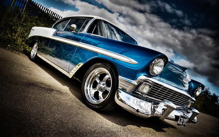 Classic Car Classic Chevrolet Bel Air HDR HD, blue and silver classic coupe, HD wallpaper