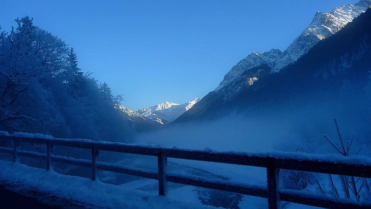 Amazing River In A Valley In Winter, mountains, fence, nature and landscapes