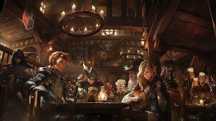candles, fantasy art, pointed ears, tavern, HD wallpaper