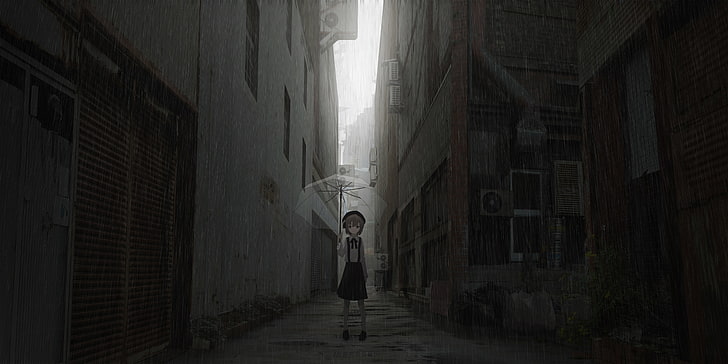 hatoba tsugu, channel, raining, back streets, umbrella, Anime