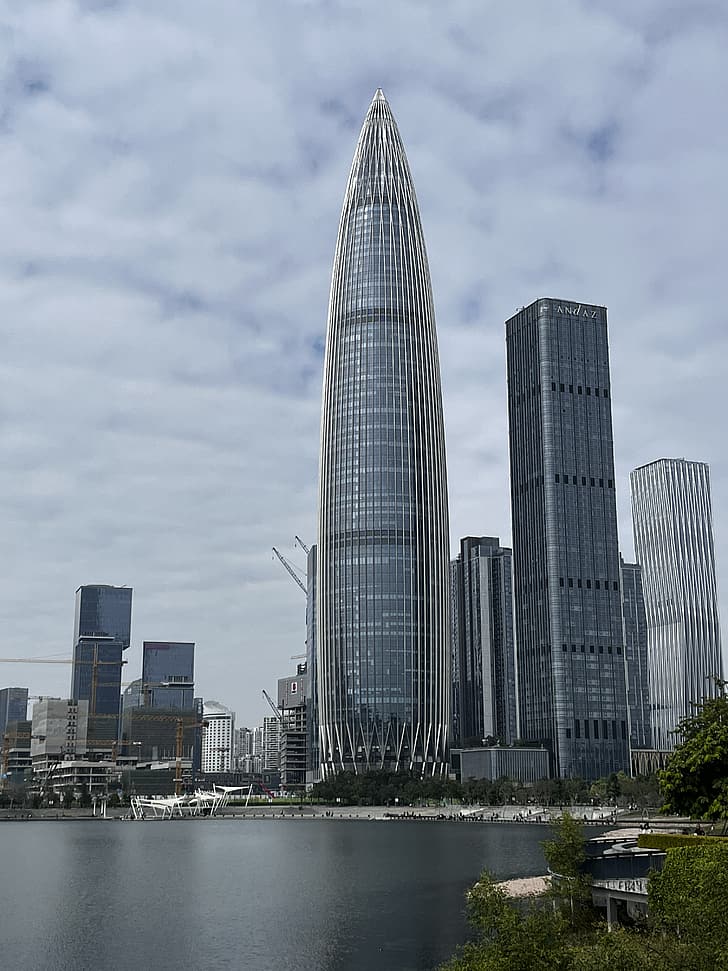 city, China, building, Shenzhen, sea, sky, clouds, HD wallpaper