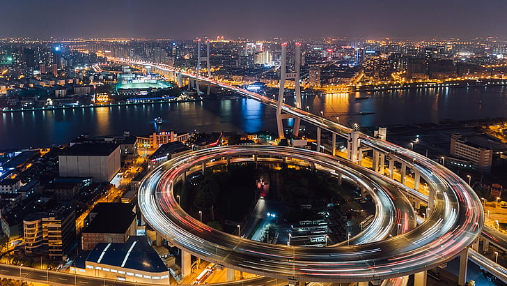 shanghai, nanpu bridge, huangpu river, china, asia, city lights, HD wallpaper