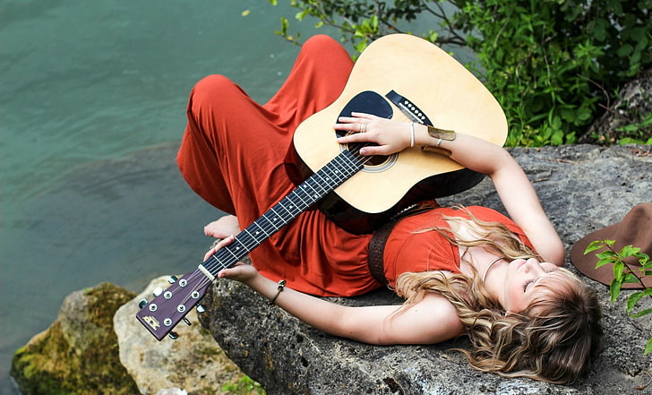 guitar, women outdoors, musical instrument, string instrument, HD wallpaper