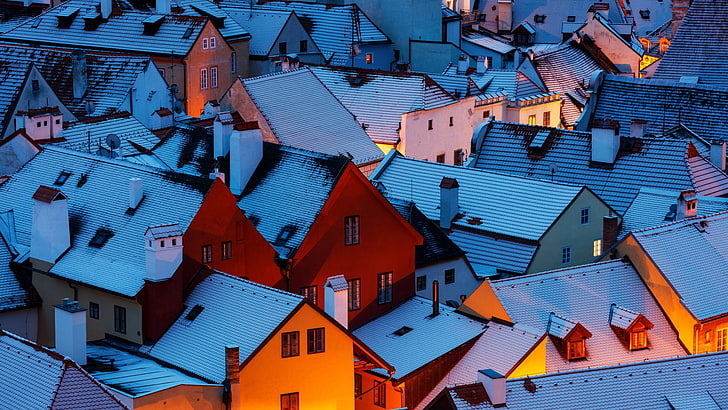lights, village, rooftops, house, Martin Rak, building, Czech Republic