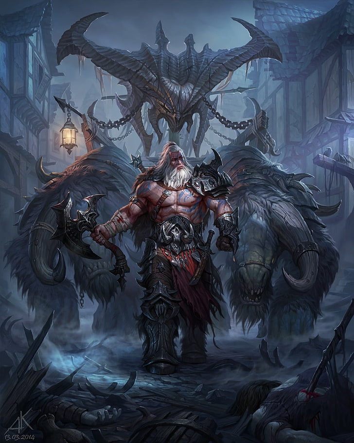 man holding axe wallpaper, Diablo III, video games, Barbarian, HD wallpaper