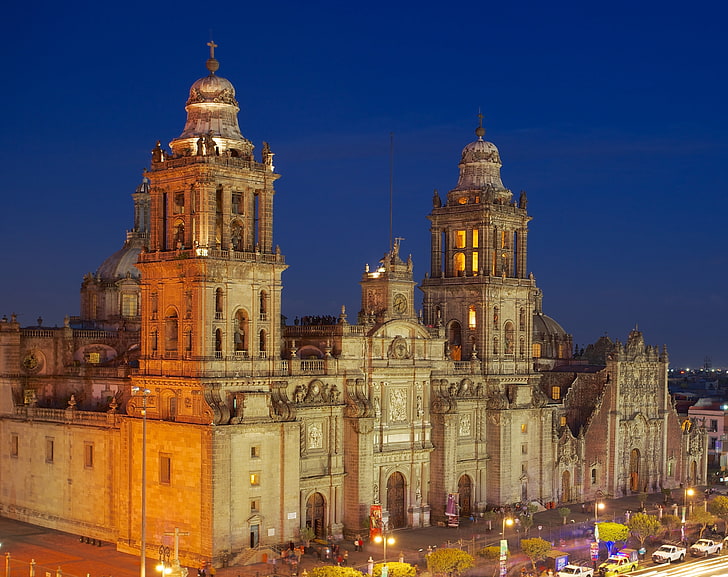 Mexico City Metropolitan Cathedral, Central America, Lights, Evening, HD wallpaper