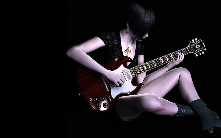 Music Player, red and white acoustic guitar, abstract, girl, 3d