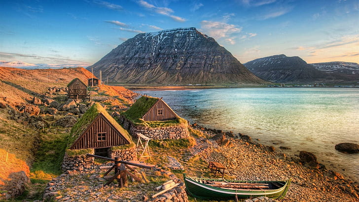 Ancient Fishing Village In Icel Hdr, mountains, boats, coast, HD wallpaper