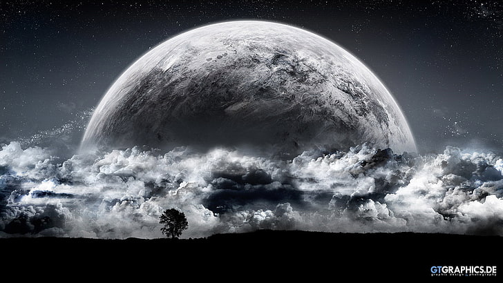 tree silhouette under the moon, Taenaron, 3D, clouds, digital art, HD wallpaper