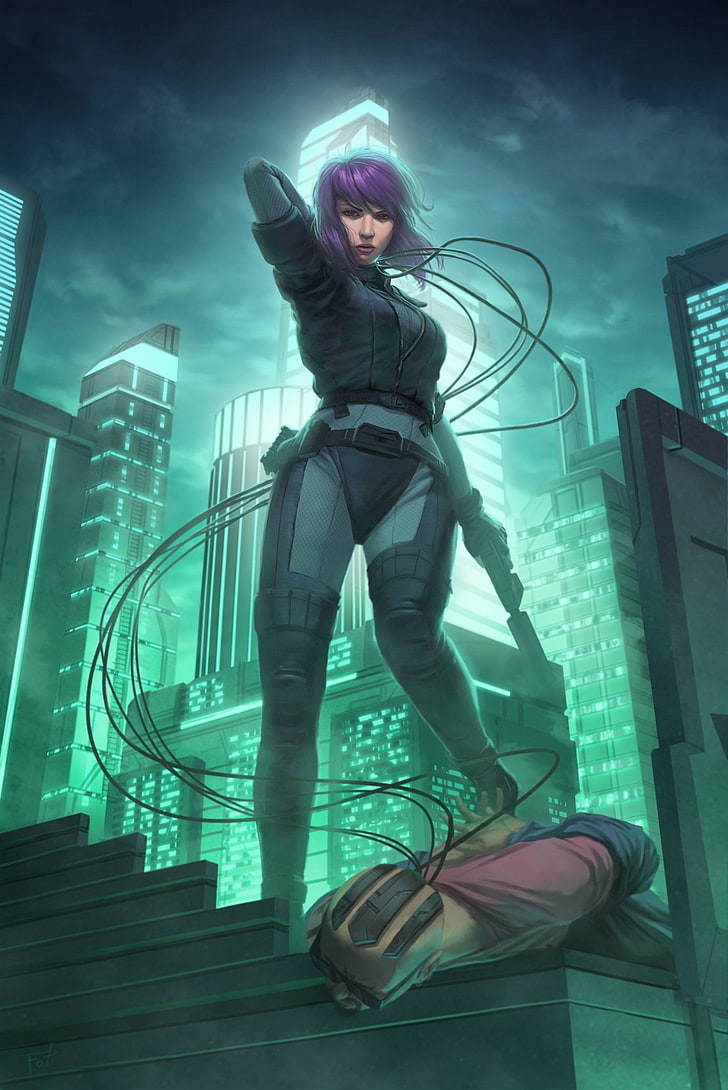 hacking, anime, fan art, city, cyborg, Ghost in the Shell, building