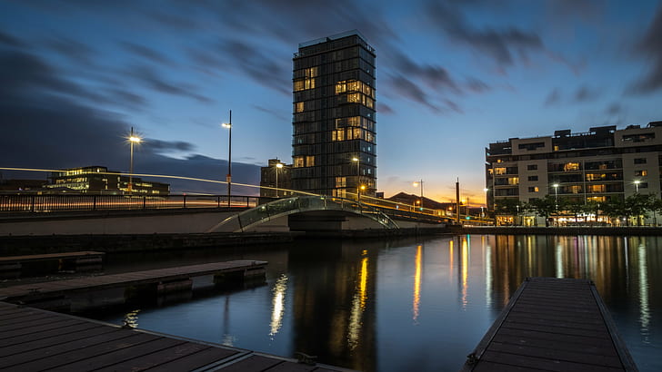 high rise building by the body of water, grand canal, dublin, ireland, grand canal, dublin, ireland