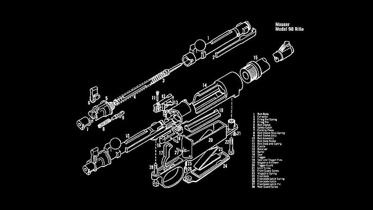 gun exploded view diagram mauser, studio shot, black background