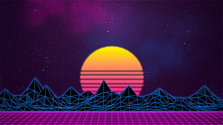 The sun, The sky, Mountains, Music, Stars, Neon, Space, Graphics, HD wallpaper