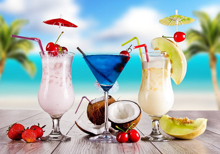 cocktails, fruit, strawberries, cherries, food and drink, refreshment, HD wallpaper