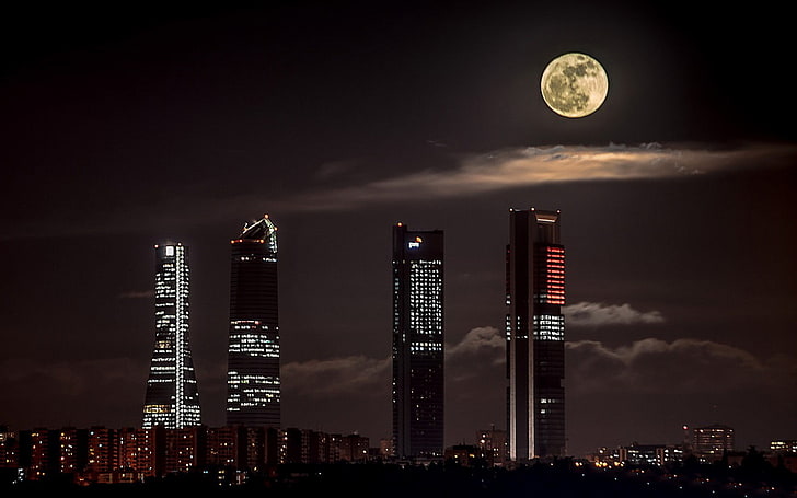four skyscraper buildings, city, night, building exterior, architecture