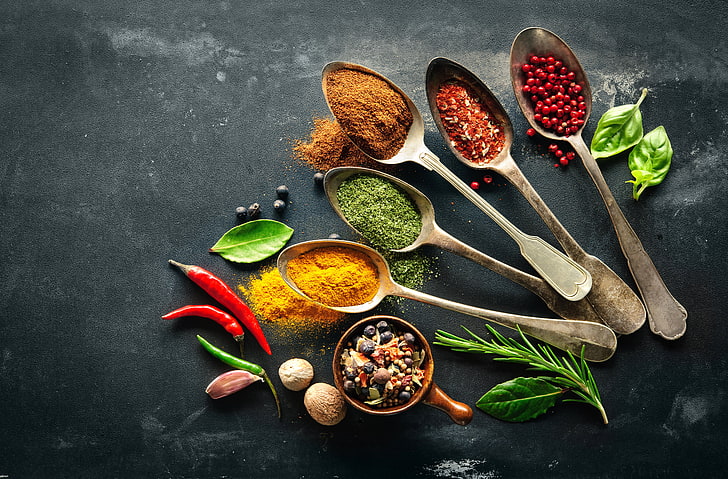 brown steel spoons, Leaves, Pepper, Food, Nuts, Spices, Garlic, HD wallpaper