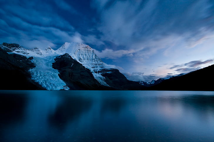 landscape photography of snow coated mountain surrounded by body of water, berg lake, berg lake