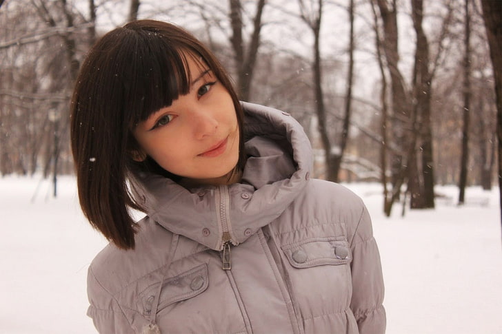 Katya Lischina, snow, snowdrops, smiling, brunette, women, face