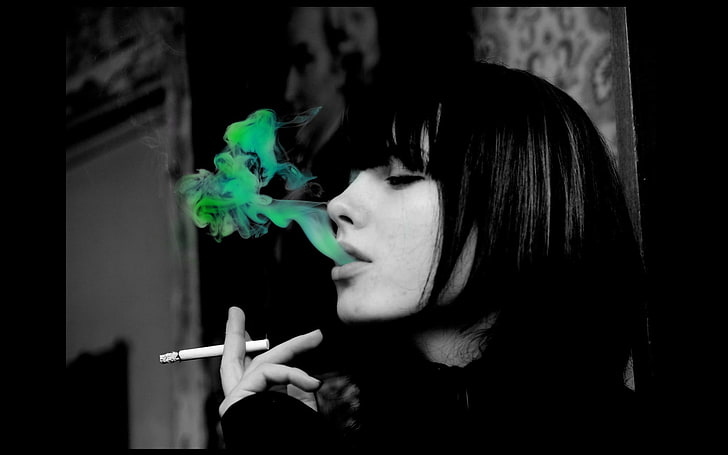 selective coloring, smoking, women, cigarettes, one person