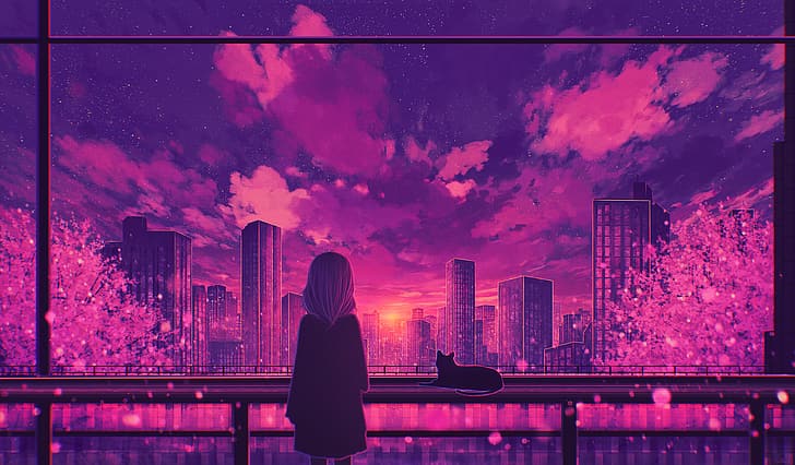 anime, anime girls, clouds, city, cats, stars, sunset, short hair, HD wallpaper