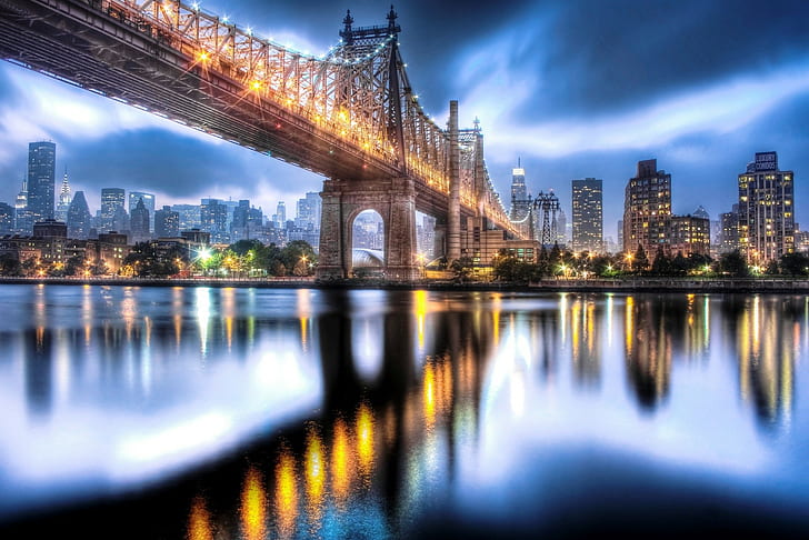 bridge, reflection, Queensboro Bridge, Manhattan, New York City, HD wallpaper