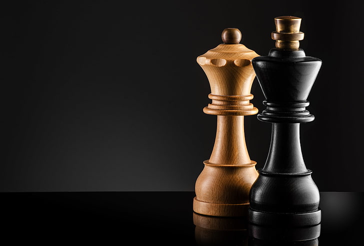 brown queen and black king chess pieces, macro, figure, strategy