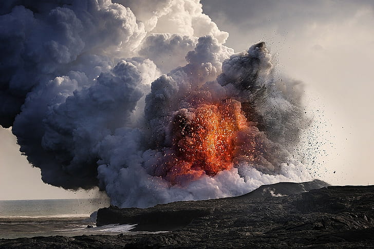 crater, rock, eruptions, volcano, nature, landscape, sea, smoke, HD wallpaper