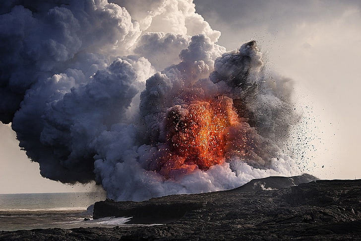nature, landscape, volcano, eruptions, Hawaii, lava, smoke, HD wallpaper