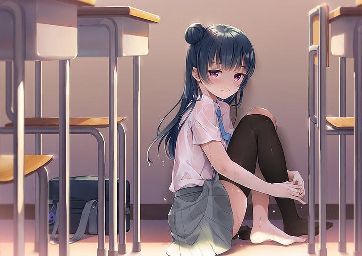 girl anime at school digital wallpaper, barefoot, black hair