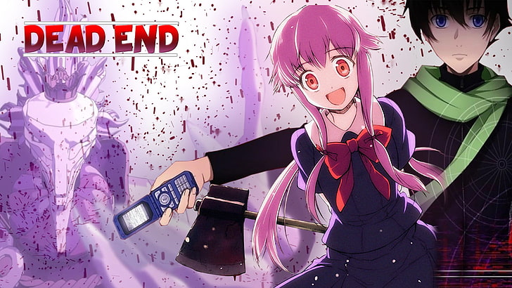 Dead End anime poster, Mirai Nikki, indoors, text, western script