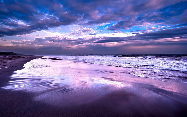 Sea, ocean, beach, night, sky, clouds, dusk, HD wallpaper
