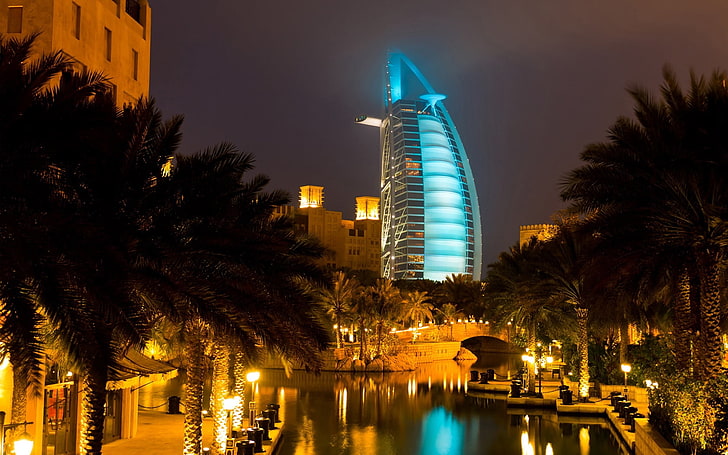 Burj Al Arab, Dubai, United Arab Emirates, home, uae, night, palm Tree, HD wallpaper