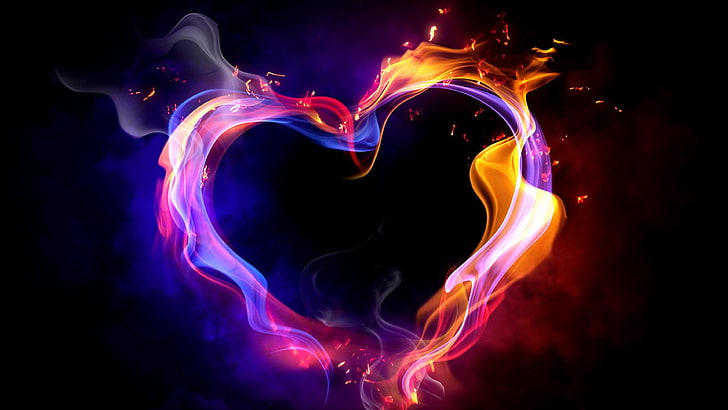 fire, heart, flame, love, valentines day, romantic, smoke, dark, HD wallpaper