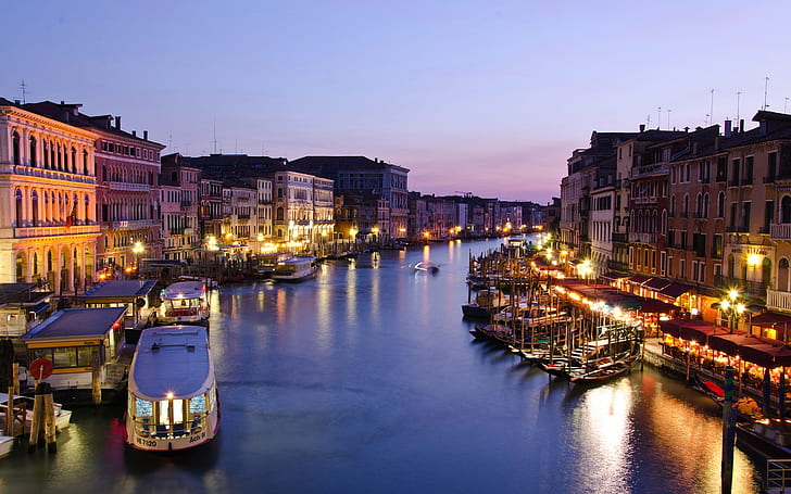 Italy, Venice, Canal Grande, evening, dusk, houses, sea, boats, lights, HD wallpaper