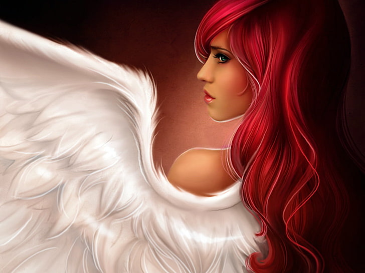 woman with white wings digital wallpaper, drawing, women, redhead