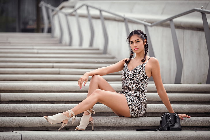 women, dress, sitting, stairs, pigtails, high heels, legs, pink nails