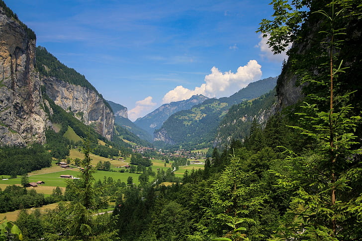 forest, sky, valley, landscape, village, mountains, cliff, Alps